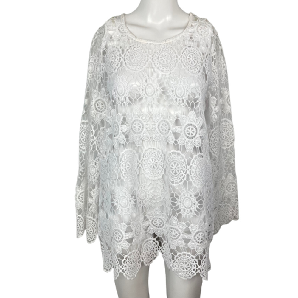 Anne Klein Sweater Womens Sz S White Crochet Lace Round Neck Tunic Pullover